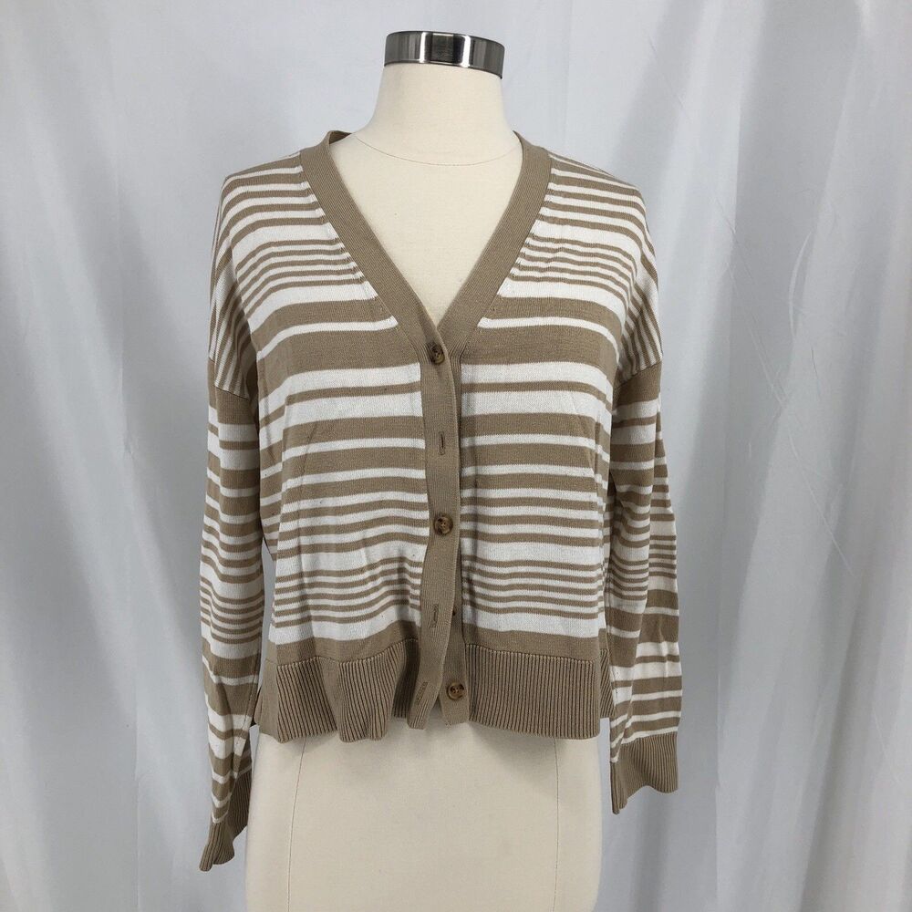 LOFT Beige & White Striped V-Neck Button Cardigan Sz Large